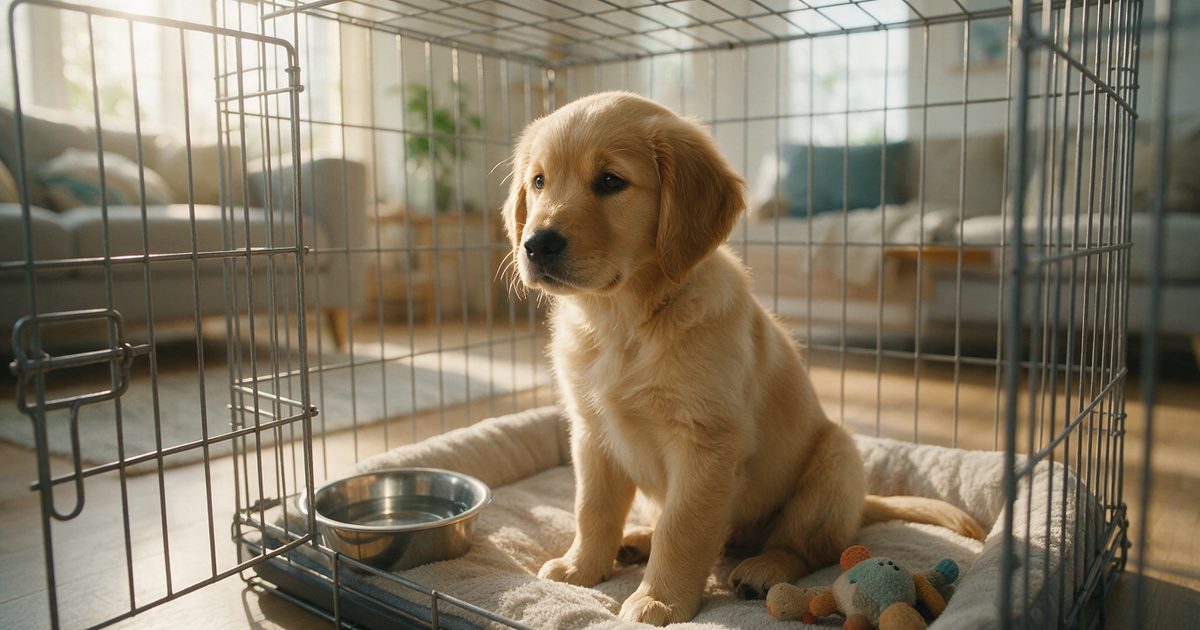 Golden retriever puppy sitting calmly in an open crate