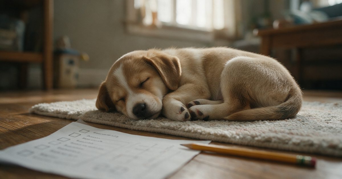 Sleeping puppy beside a printed checklist and a pencil