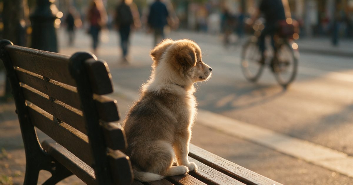Puppy watching a busy street from a park bench